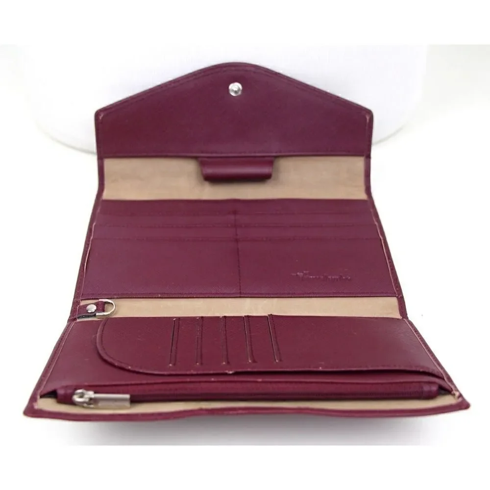 TRAVELAMBO BURGUNDY GENUINE LEATHER ID COIN BILL HOLDER WALLET TRIFOLD CLUTCH